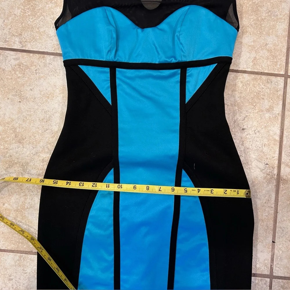Bebe Melany Mesh Satin Stretch Turquoise Blue and Black Bodycon Pencil Dress XS - Picture 6 of 16